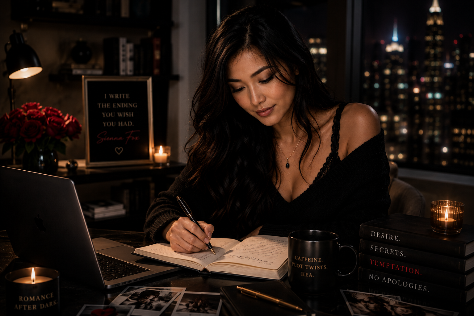 Sienna Fox writing at night