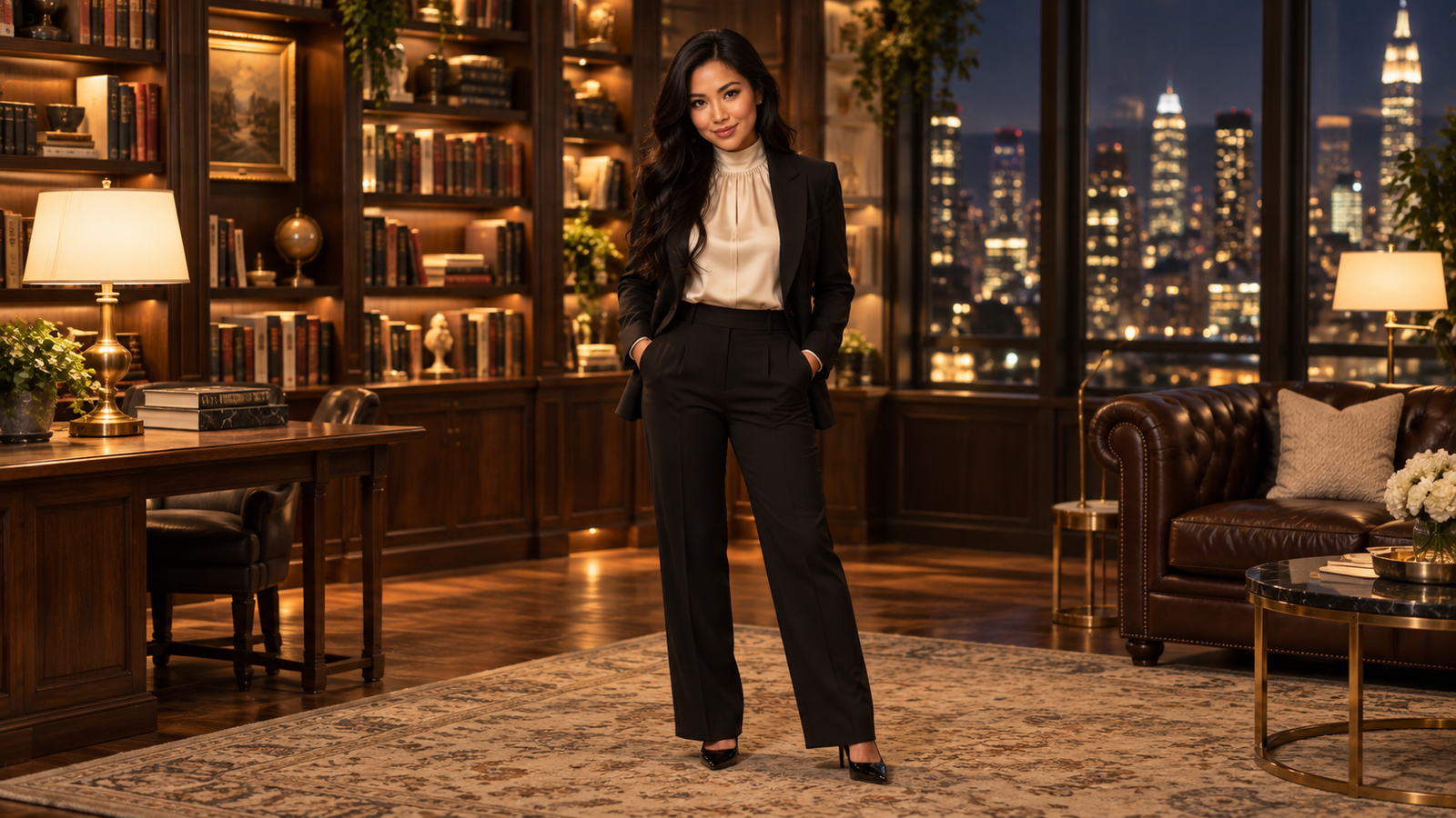 Sienna Fox standing in a warmly lit library overlooking the nighttime city skyline